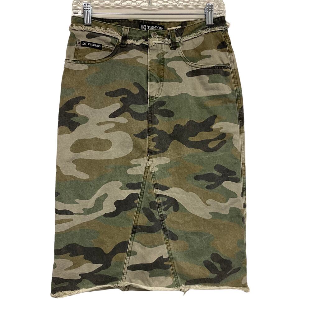 Vintage Tag Rag Womens Size 3 Camo Y2K Frayed Hem High Waist Pencil Skirt